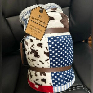 Mantolok Velvet back Printed Teddy Sherpa Throw Rolled leather strap Cowprint